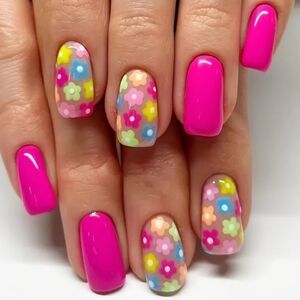 Vibrant Pink and Floral Press On Nails